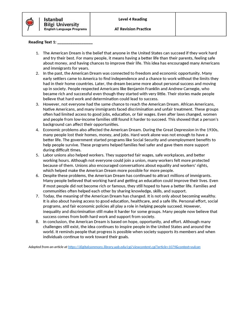 B1+ Reading Task 1 | PDF | American Dream | Immigration