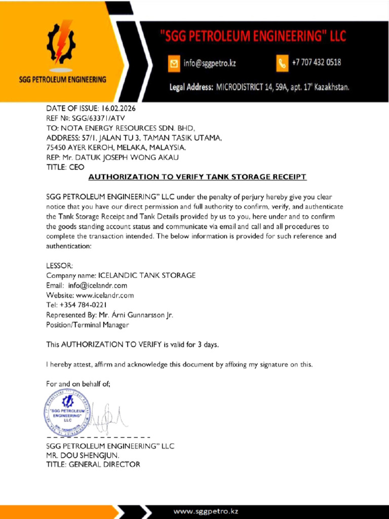 Sgg Petroleum Engineering Llc Authorization to Verify Tank Storage ...