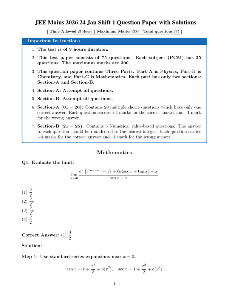 JEE Main 24th Jan Shift 1 Memory Based Question Paper With Solutions (1 ...