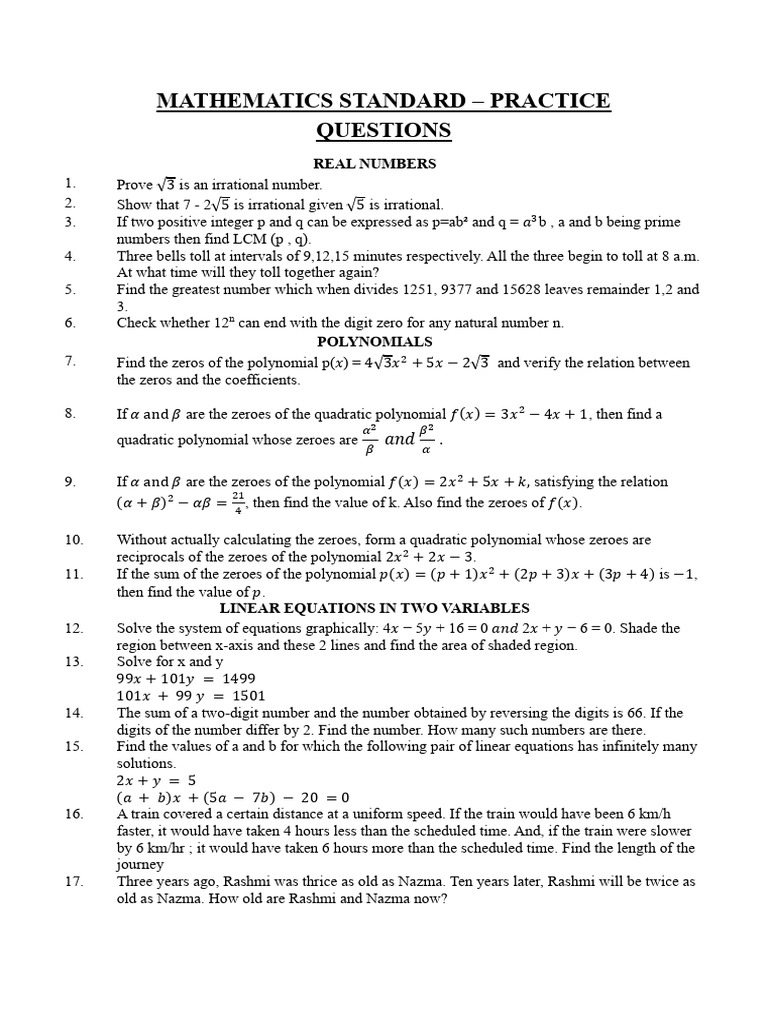 Mathematics Standard - Practice Worksheet | PDF | Circle | Polynomial