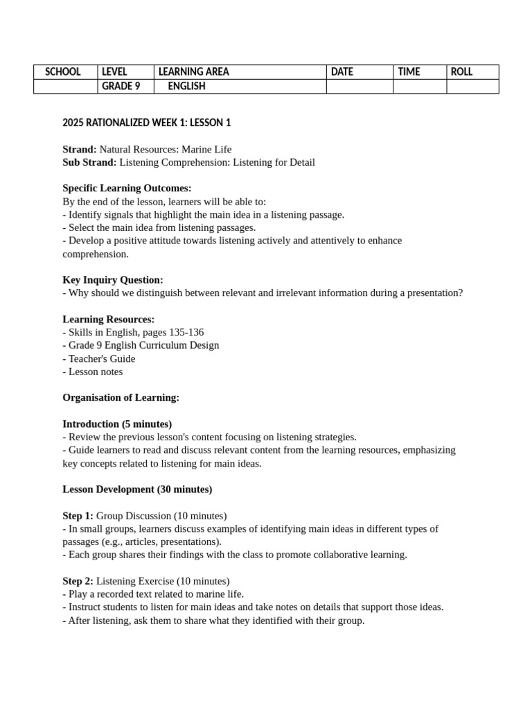 Grade 9 Term 2 English Lesson Plans | PDF | Learning | Reading ...