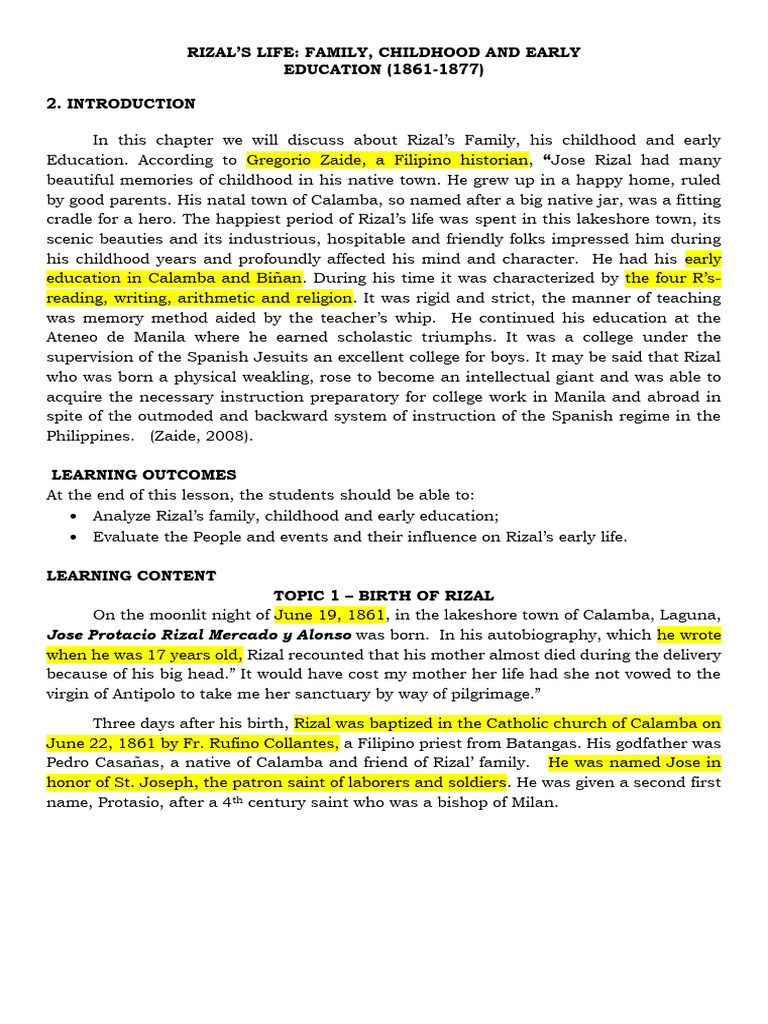 Rizal's Life - Family, Childhood, and Early Education | PDF