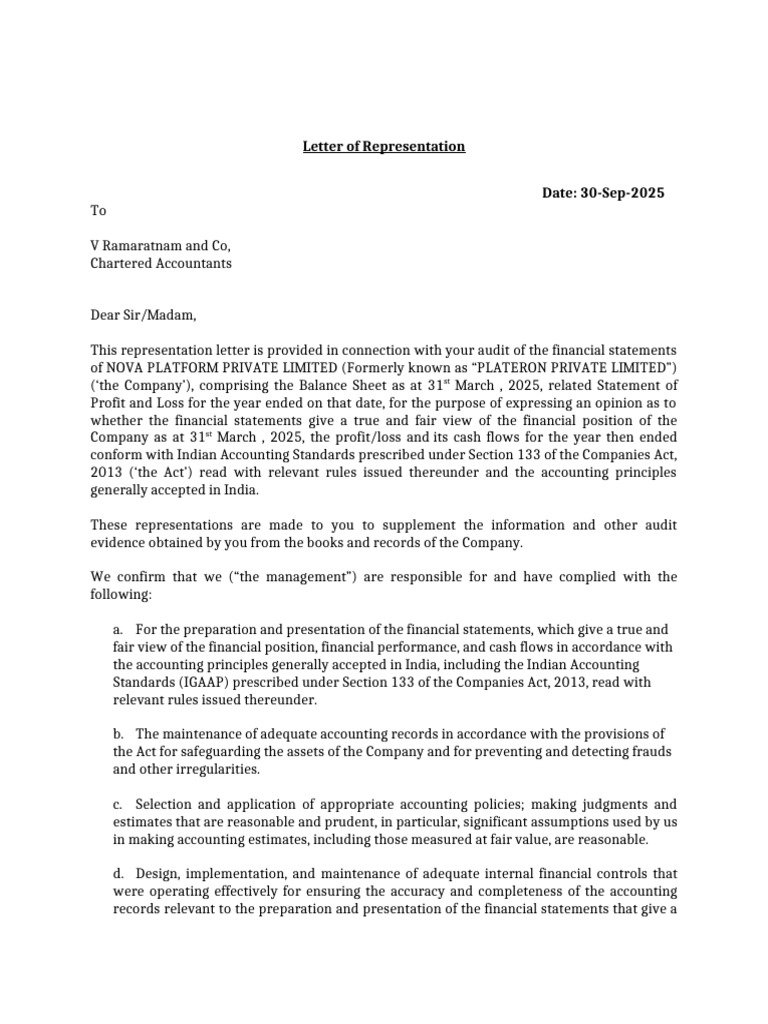 Management Representation Letter | PDF | Equity (Finance) | Going Concern