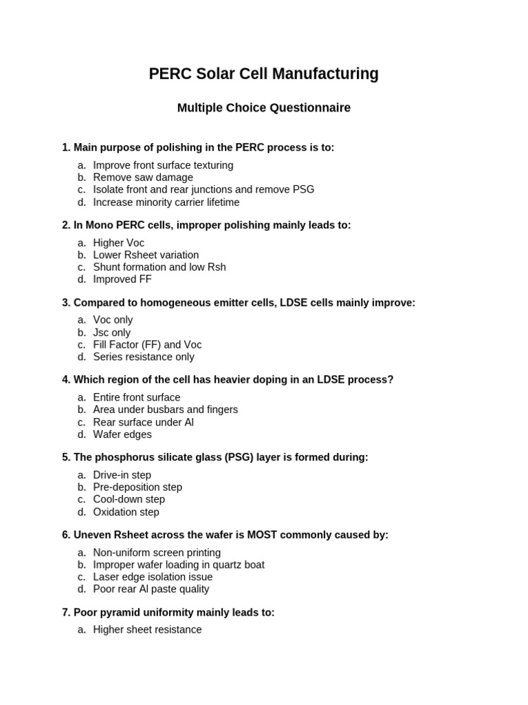 PERC Manufacturing Questionnaire | PDF | Materials | Solid State ...