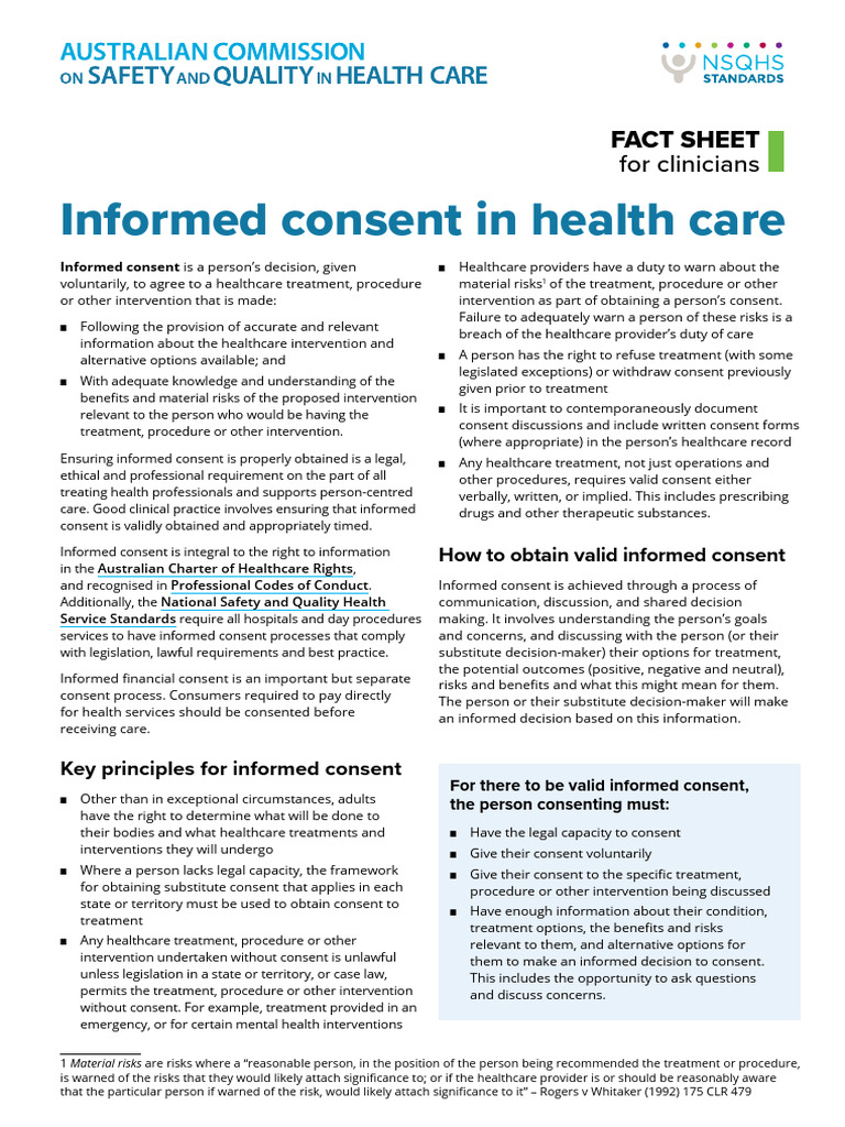 ACSQHC Informed Consent Fact Sheet | PDF | Informed Consent | Medicine