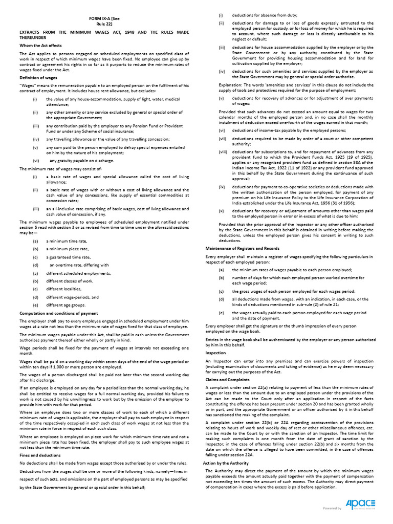 0.2 FORM IXA Abstract Under The Minimum Wages Act, 1948 (English ...