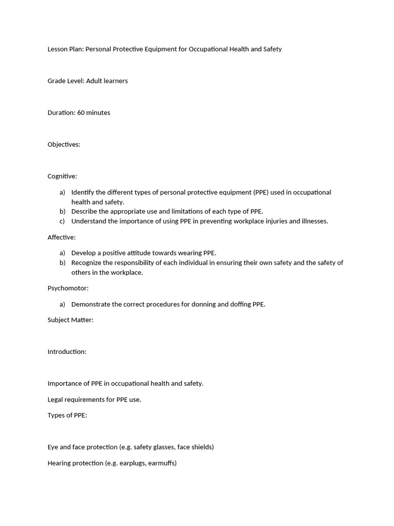 Lesson Plan (Type of Ppe) | PDF | Personal Protective Equipment ...