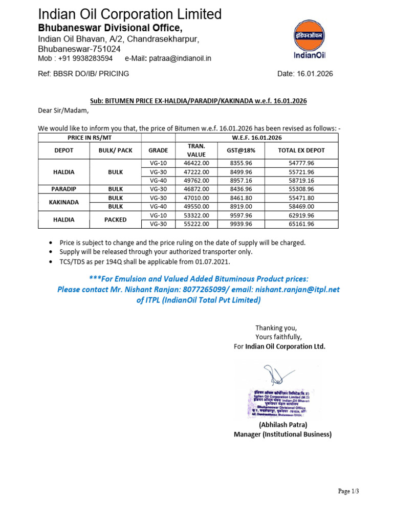 Bitumen Price List W.E.F. 16.01.2026 | PDF | Fuel Production | Petroleum