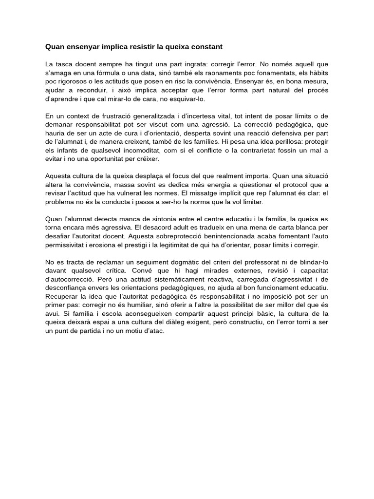 Educar en Temps De... Cultura de La Queixa | PDF