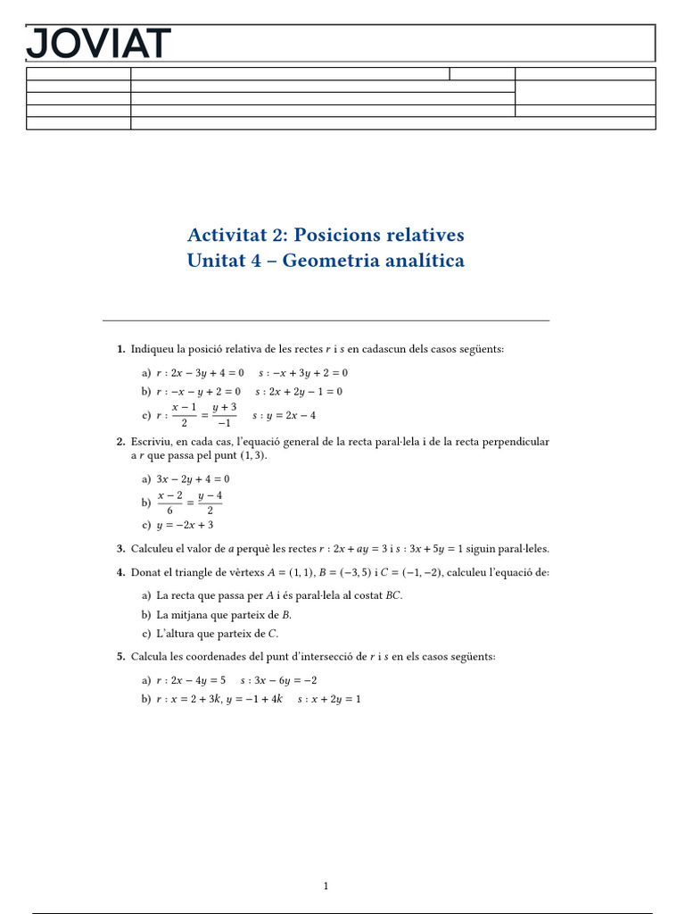 Activitat 2 Posicions Relatives | PDF