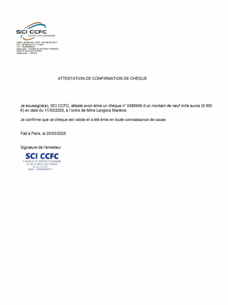 Attestation de Confirmation de Cheque | PDF