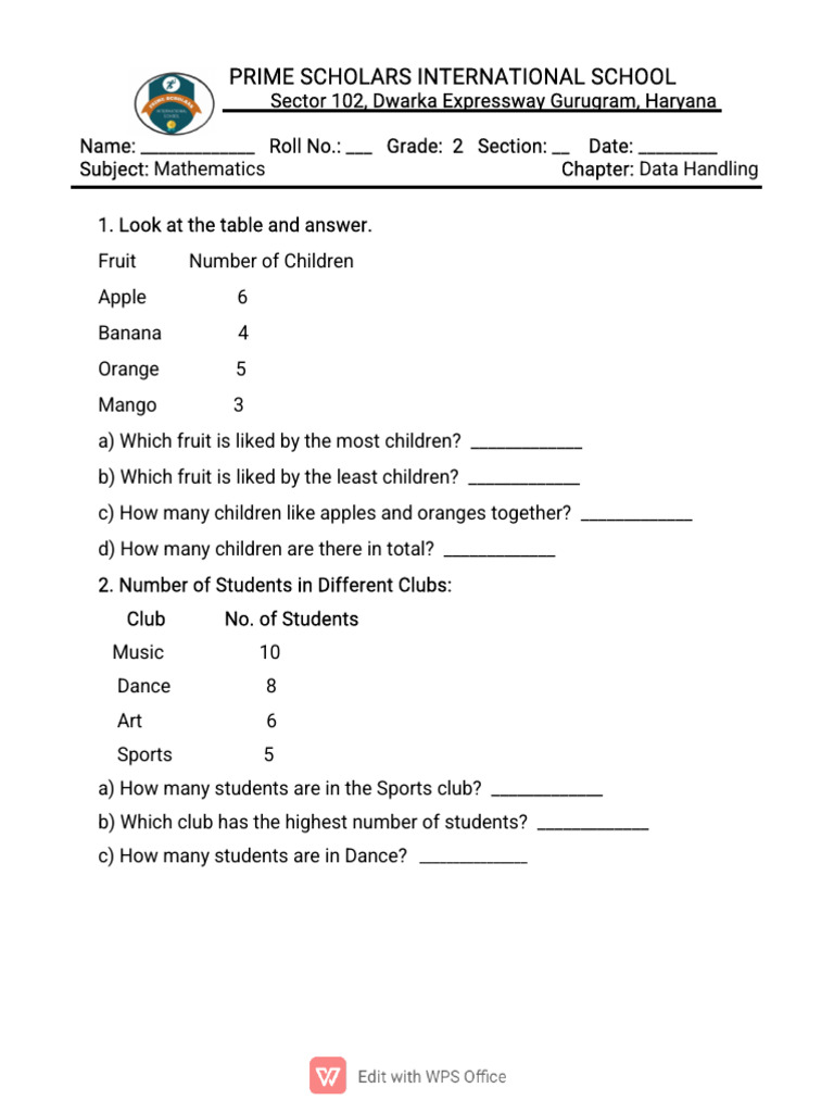 Grade 2 Data Handling Worksheet Feb | PDF