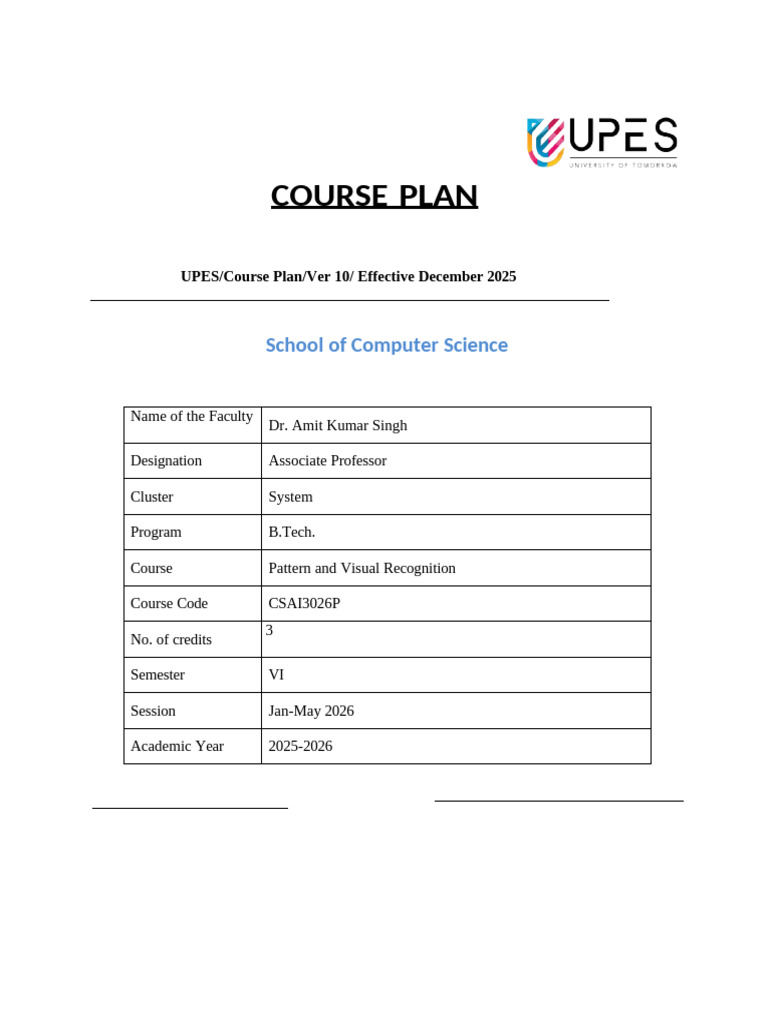 Course Plan Pattern and Visual Recognition Dec 2025 | PDF | Image ...