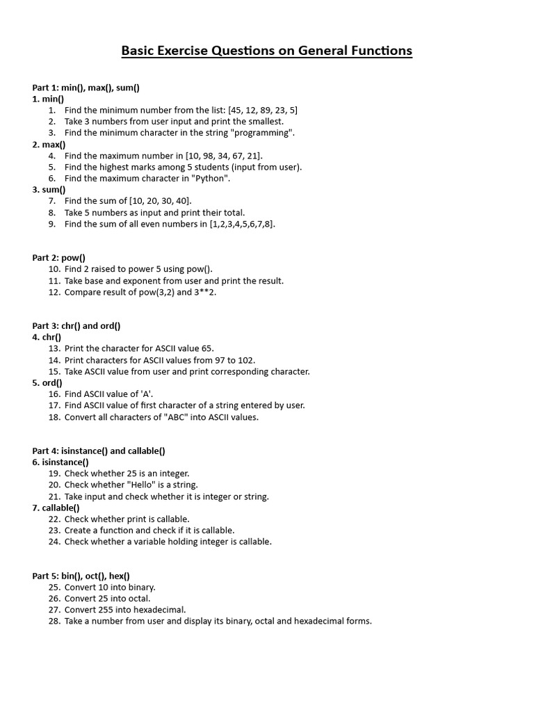 Basic Exercise Questions On General Functions Set - I | PDF | Integer ...