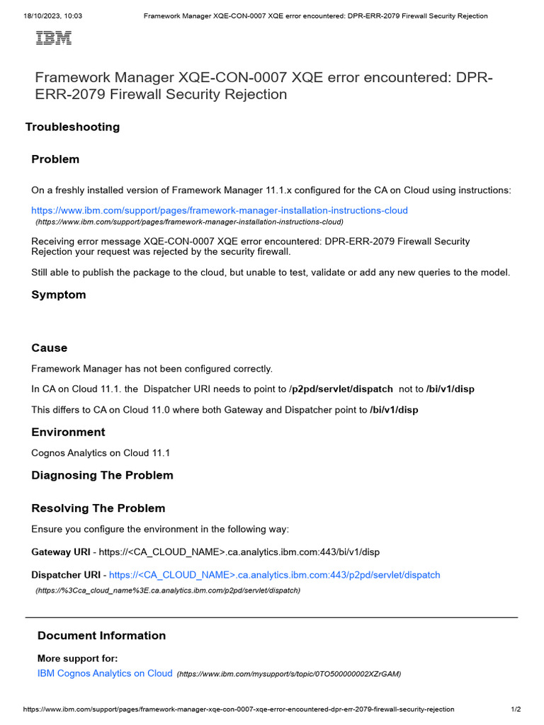 Framework Manager XQE-CON-0007 XQE Error Encountered_ DPR-ERR-2079 ...