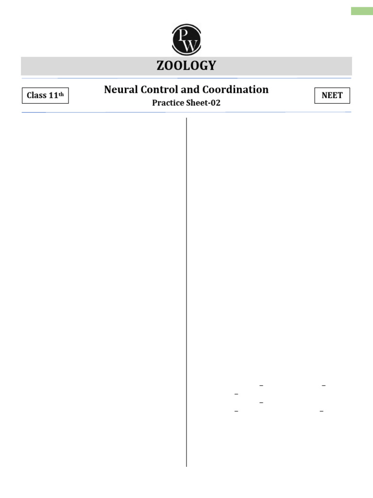 Practice Sheet-02 Neural Control & Coordination | PDF | Action ...