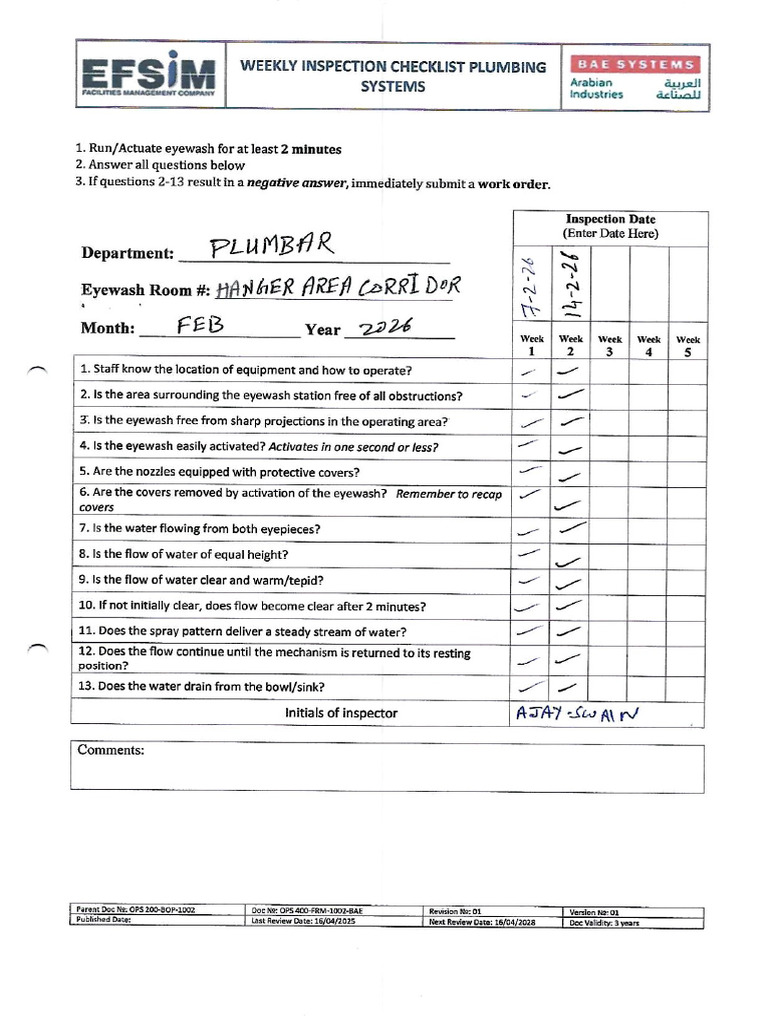 Emergency Eye & Shower Wash Inspection Report | PDF