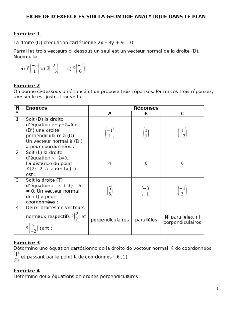 Fiche de D'exercices Sur La Geomtrie Analytique Dans Le Plan | PDF ...