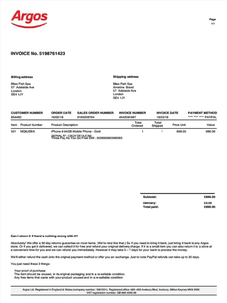 Argos: INVOICE No. 5198761423 | PDF | Invoice | I Phone