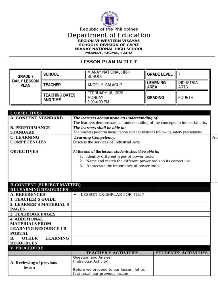 Lesson Plan in Tle Power Tools | PDF | Drill | Pneumatics
