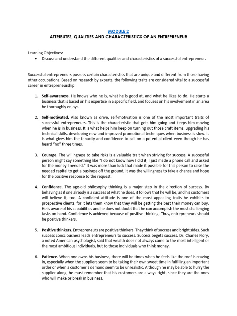 Module 2 Attributes Qualities and Characteristics of An Entrepreneur ...