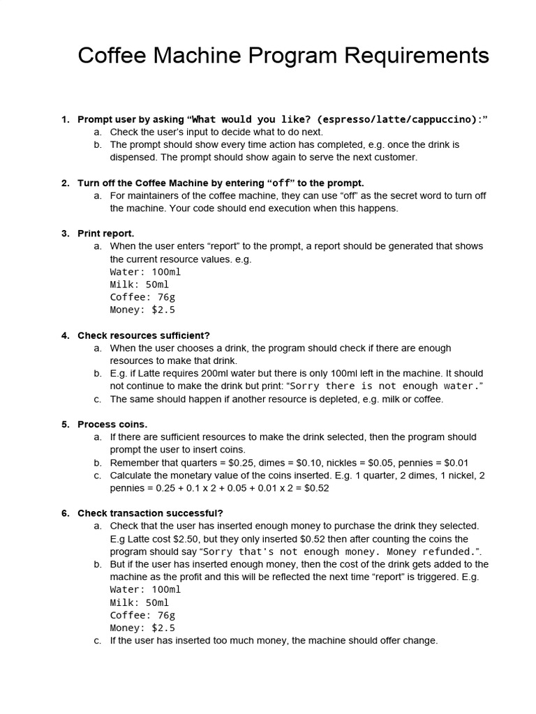 Coffee+Machine+Program+Requirements | PDF | Currency | Drink
