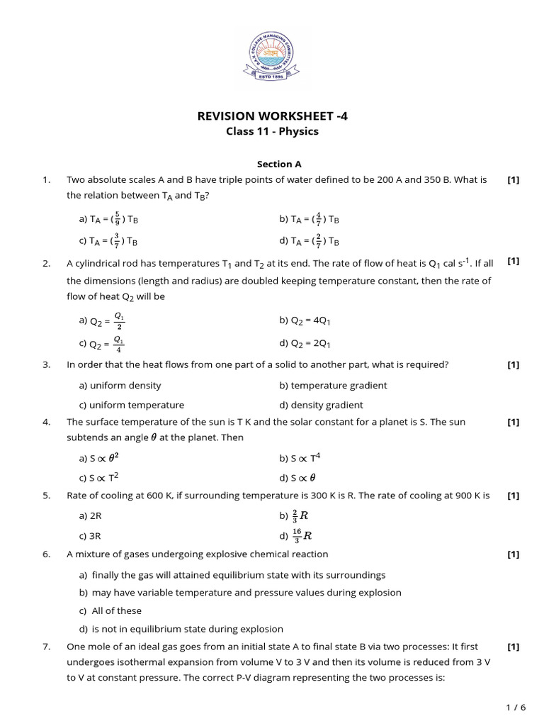 Revision Worksheet 4 Physics Class Xi | PDF | Gases | Heat