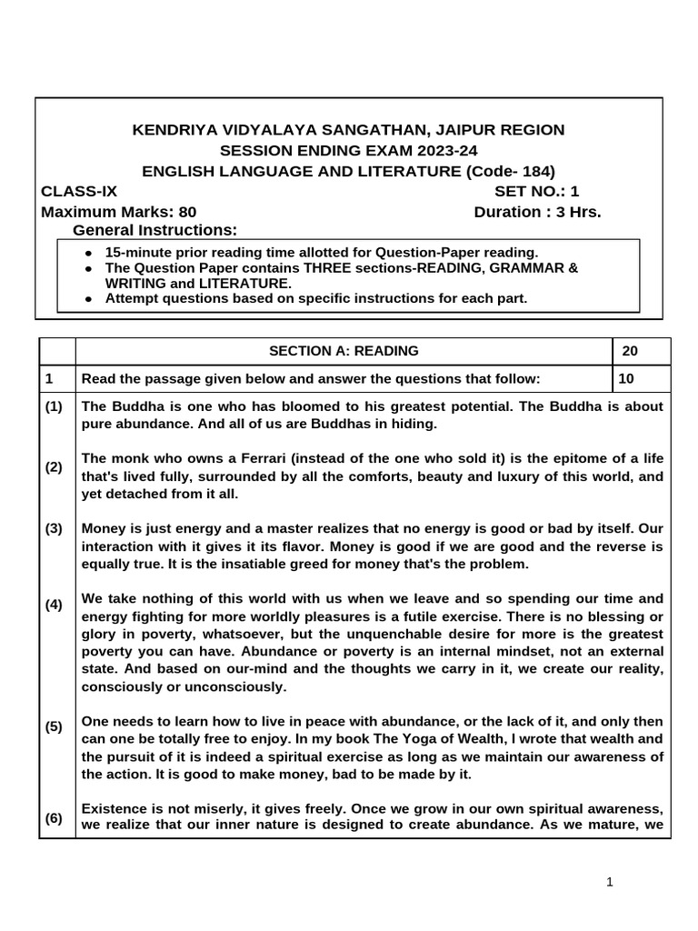 SEE QP IX Set 1 English | PDF