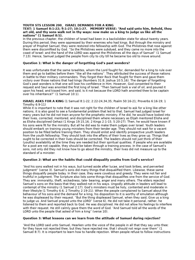 Youth Sts Lesson 200_ Israel Demands for a King | PDF | Samuel | Books ...