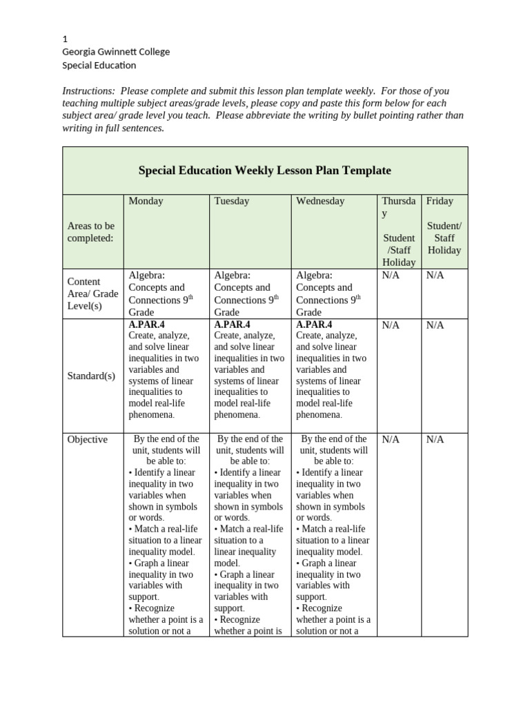 Special Education Weekly Lesson Plan - Smith | PDF | Foods | Algebra