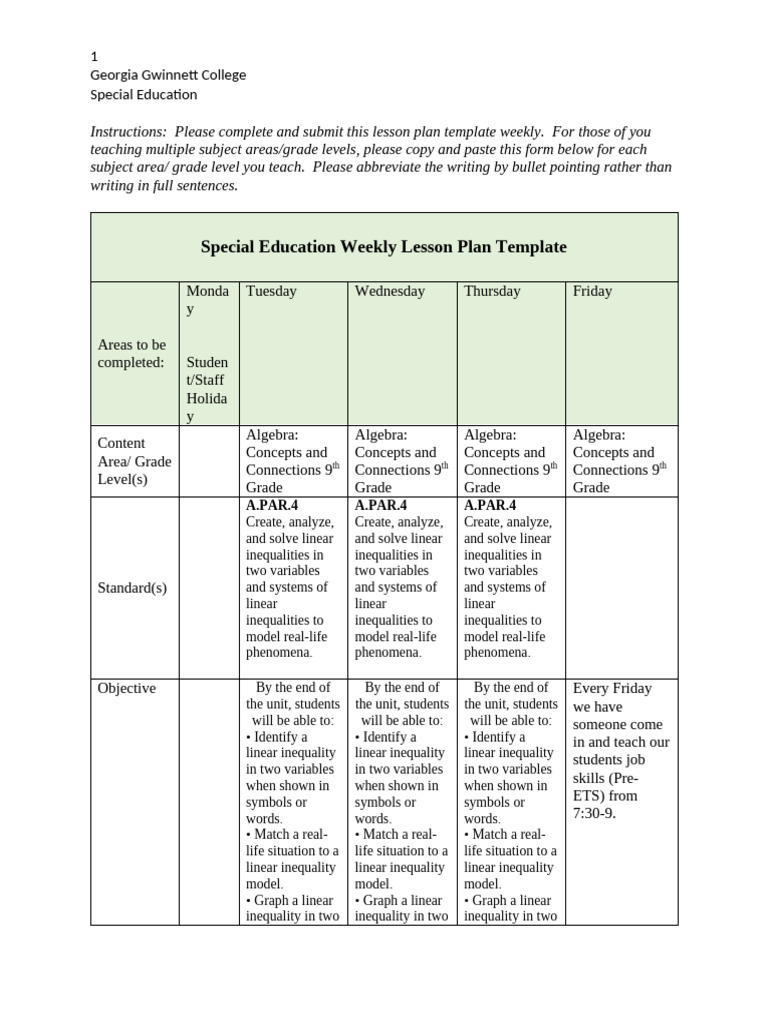 Special Education Weekly Lesson Plan_Smith2 | PDF | Algebra | Food Web