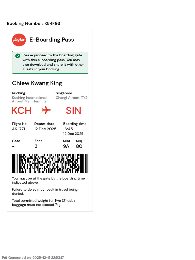 E-Boarding Pass: Booking Number: K84F9S | PDF