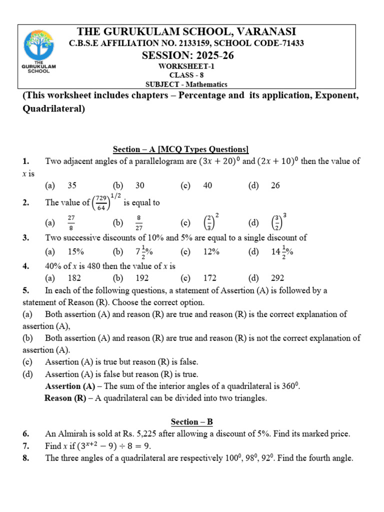 Class 8, Mathematics (Worksheet 2) | PDF