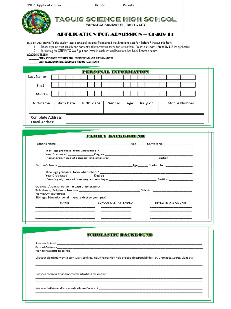 Tagsat 2026 Shs Application Form For Printing | PDF