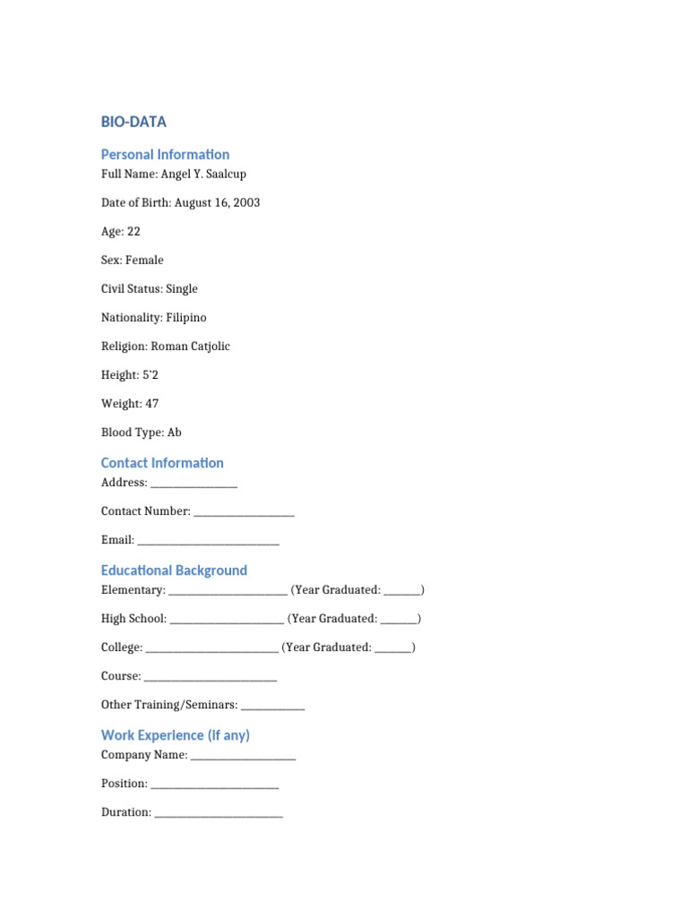 Bio Data Template | PDF