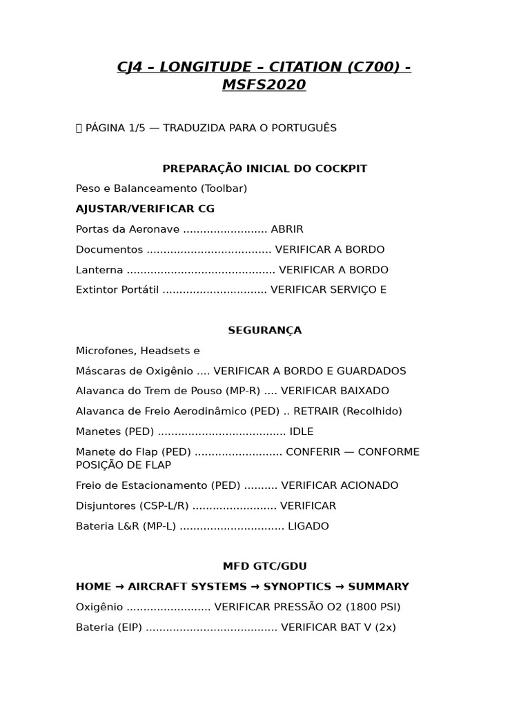 Tadução Checklist Cj4 Citation-14jan26 | PDF | Aeroespacial | Aeronave