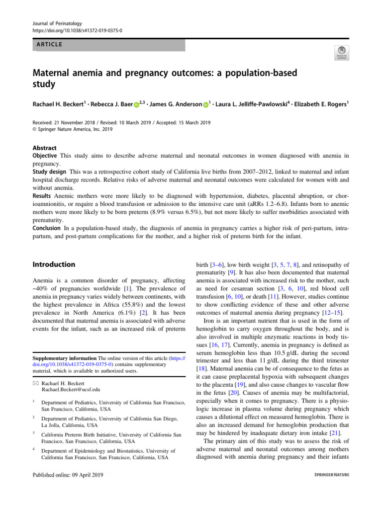 Maternal Anemia During Pregnancy and Infant Birth Outcomes by ...