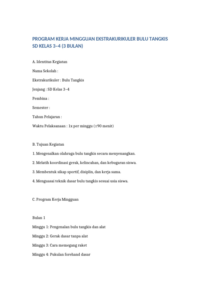 Program Kerja Eskul Bulu Tangkis SD Kelas 3 4 | PDF