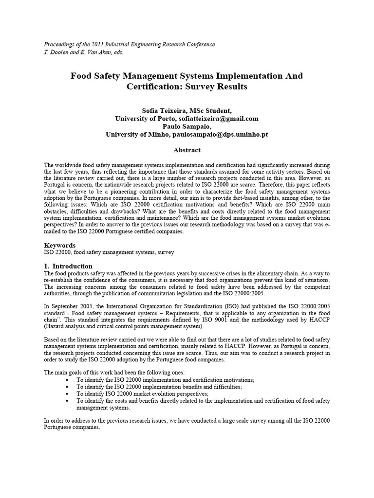 FSMS Implementation and Certertification Survey | PDF | Safety | Food ...