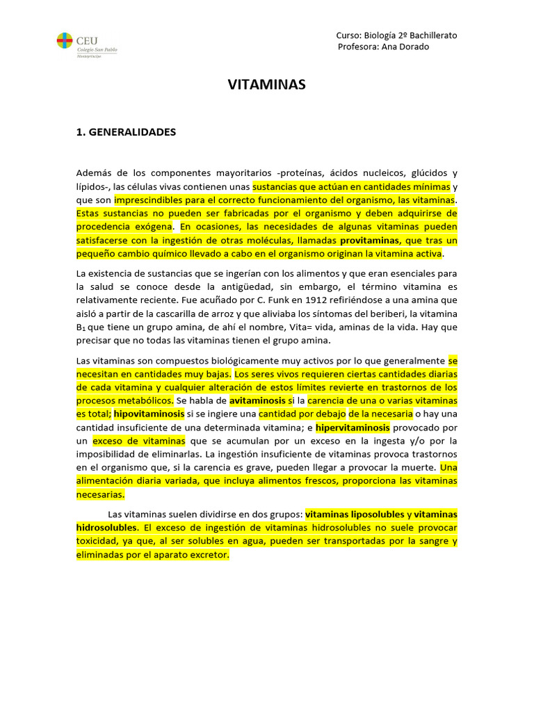 Biomolec. Org. Vitaminas Subrayado 1 | PDF | Vitamina | Vitamina D