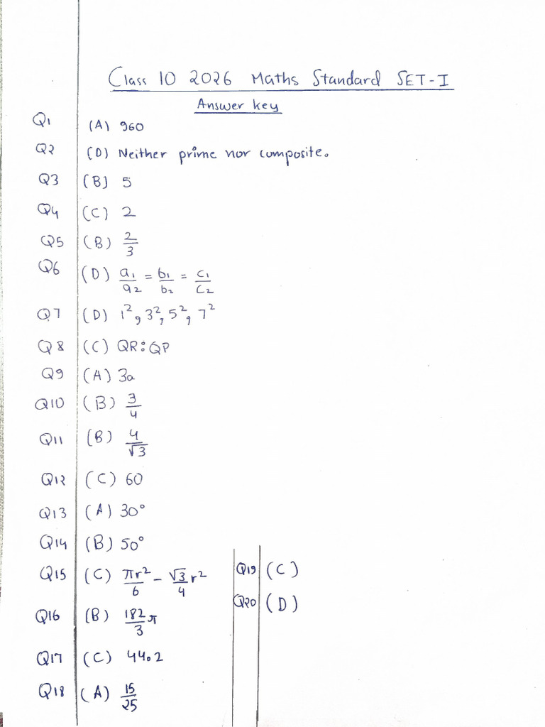 Class10 2026 MathsStd SectionA Answerkey | PDF