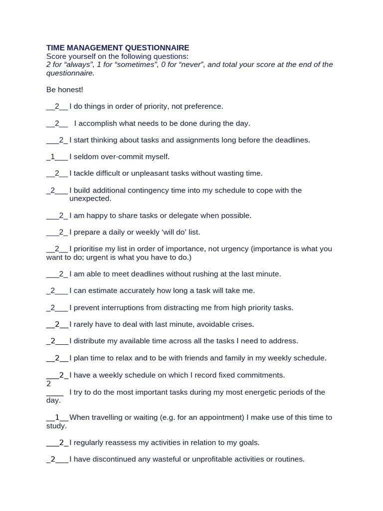 Time Management Questionnaire | PDF