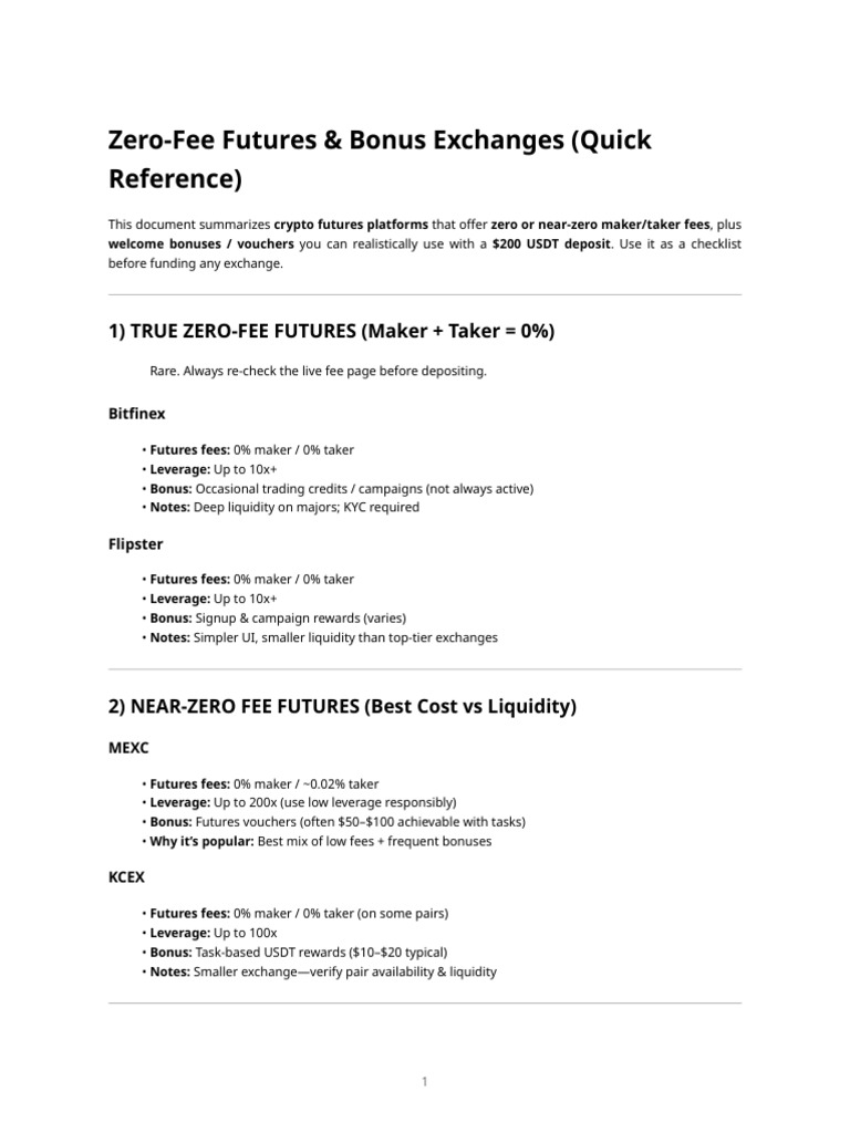 Zero-Fee Futures & Bonus Exchanges - Quick Reference | PDF | Futures ...