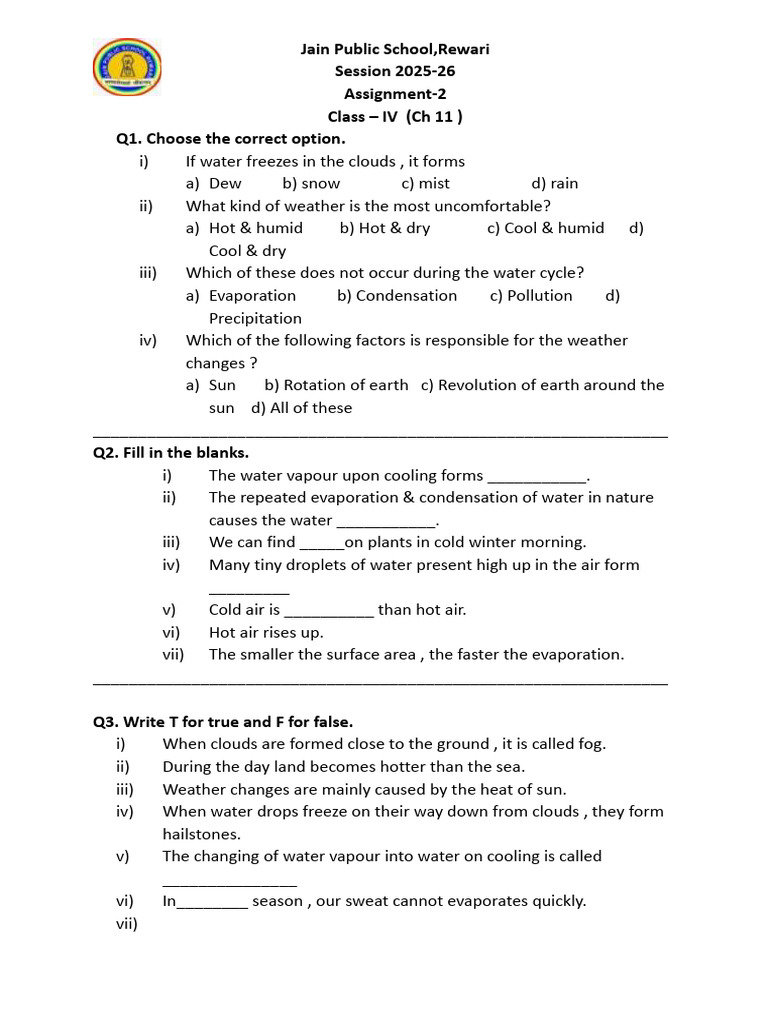 Class -4 Assignment 2 ( Ch 11) Science (1) | PDF | Water Vapor | Fog
