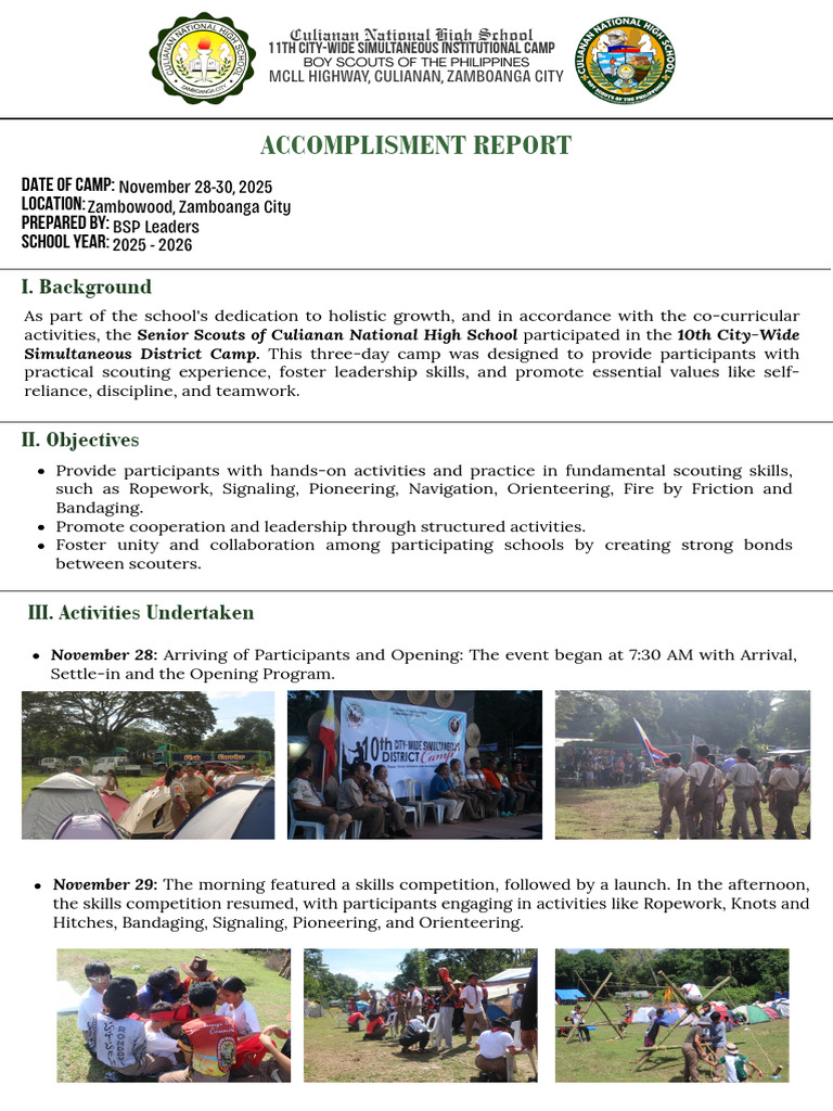 Accomplishment Report 10th District Camp | PDF | Outdoor Recreation ...