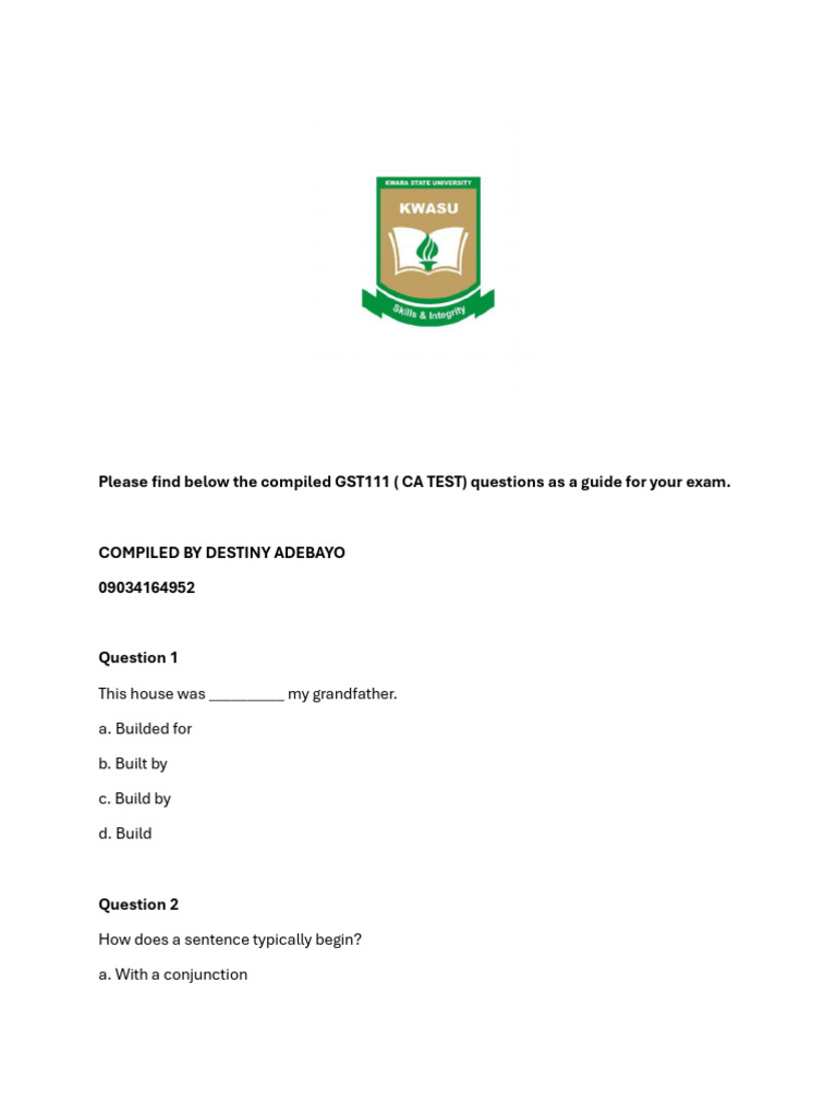 Gst111 CA Test Questions Compiled by Destiny Adebayo | PDF ...