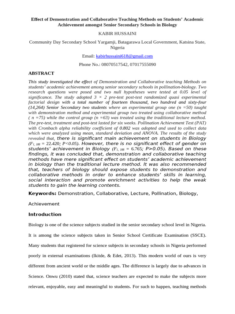 Effect of Demonstration and Collaborative Teaching Methods on Students ...