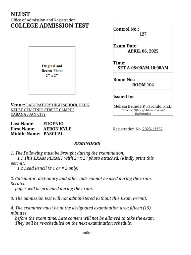 NEUST, Entrance Exam | PDF