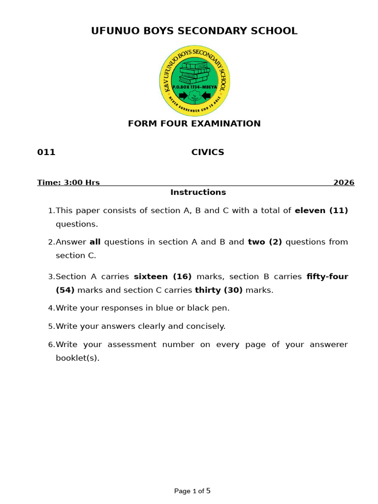 Civics Examinations Form Four | PDF | Government | Justice