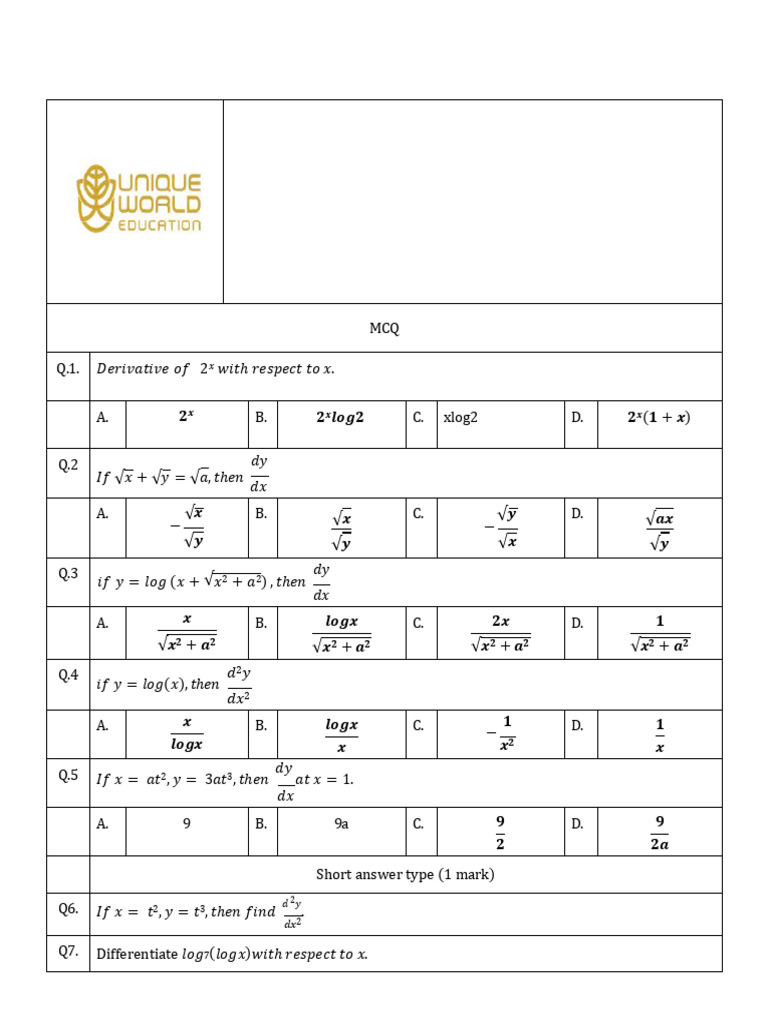 Grade 12 Maths Worksheet-August | PDF | Mathematics